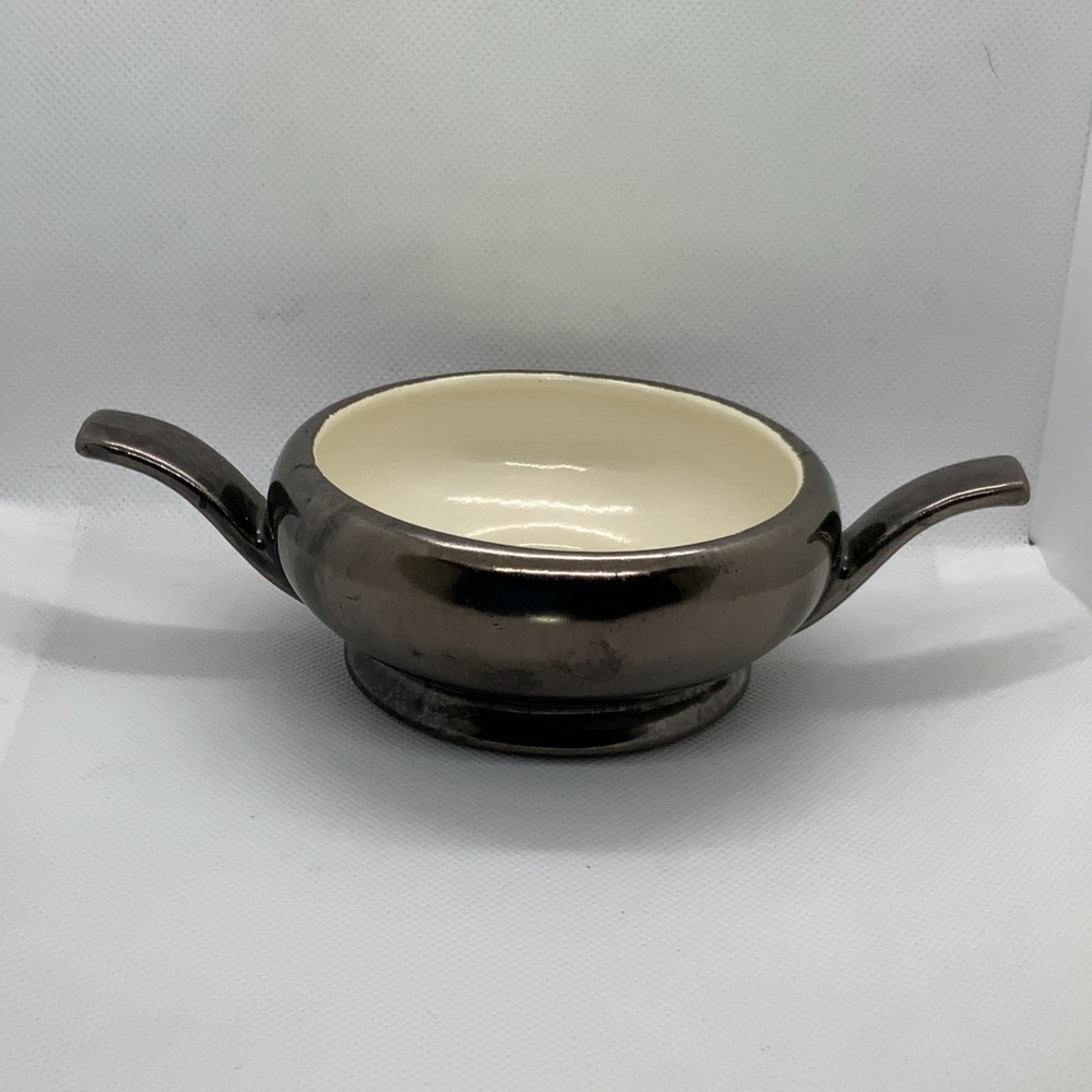 Vintage Metallic Gunmetal Luster Ceramic Sugar Bowl Two Handle Silver‎ Cream